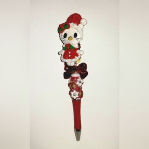 Custom Made Clay CHRISTMAS Cat Beaded Pen w/Free Ink Refill